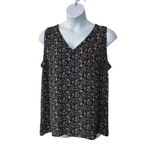 LOFT Womens Size 18 Plus Floral Career Popover Shell Mixed Media Tank Blue - Picture 1 of 9